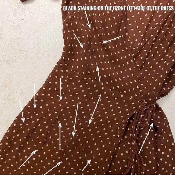 Reformation Lucky Wrap Mini Dress in Cappuccino Brown & White Polka Dot Print - Picture 13 of 14